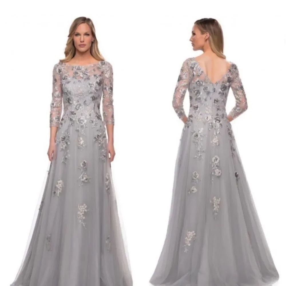 La Femme 29725 Beaded Lace Tulle A-Line Gown Maxi NWT in Silver Size 2 $635